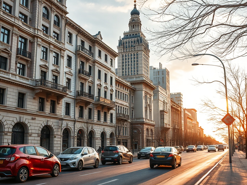 Городская улица с красивыми зданиями и машинами на фоне заката. Деревья без листьев вдоль дороги.