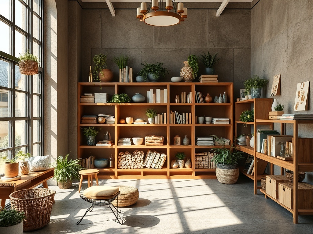 Светлое помещение с деревянными полками, растениями и уютной мебелью. Идеально для чтения и отдыха.