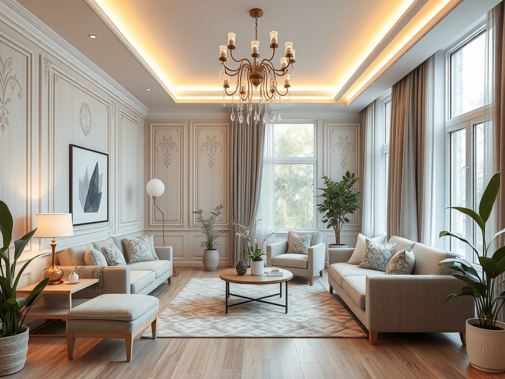 Современный уютный интерьер гостиной с мягкой мебелью, растениями и стильной люстрой.