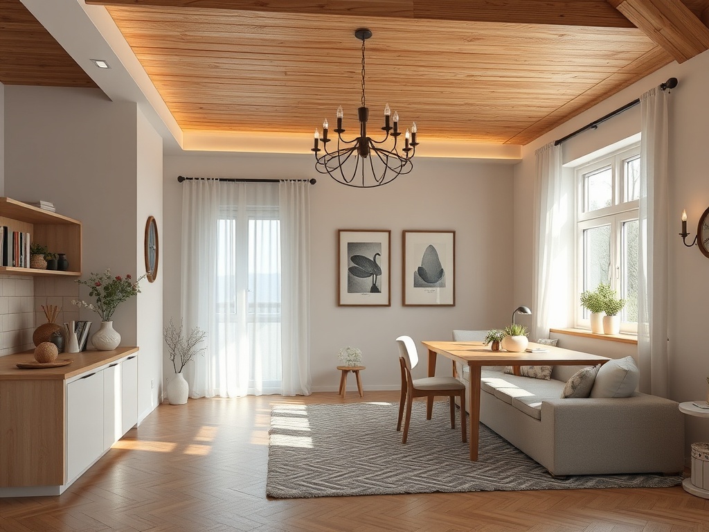 Уютная гостиная с деревянным потолком, обеденным столом и ярким светом, создающим приятную атмосферу.