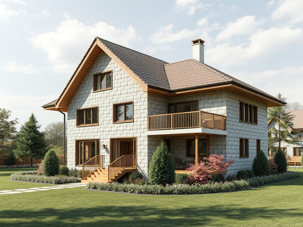 Современный загородный дом с двумя этажами, окружённый зелёным газоном и цветами. Спокойная обстановка.