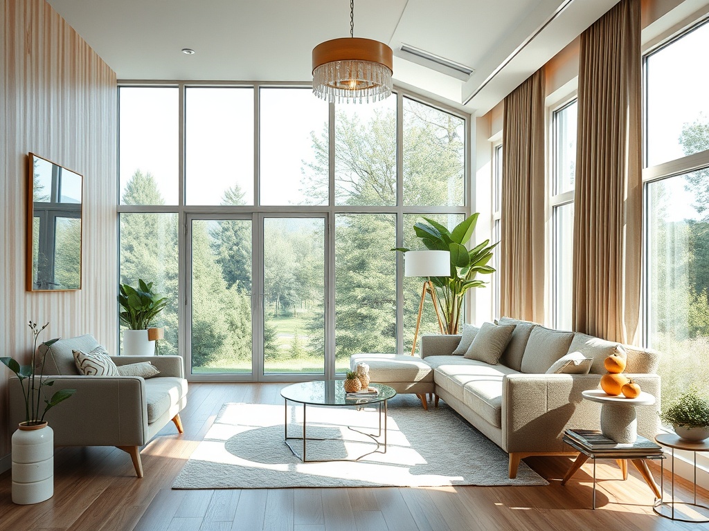Светлая гостиная с большими окнами, растениями и уютной мебелью, создающая атмосферу уюта и спокойствия.