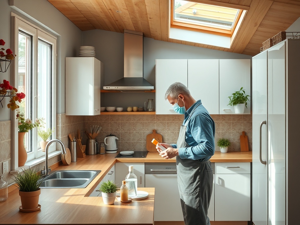 Мужчина в маске готовит еду на кухне, освещенной солнечными лучами через окно.