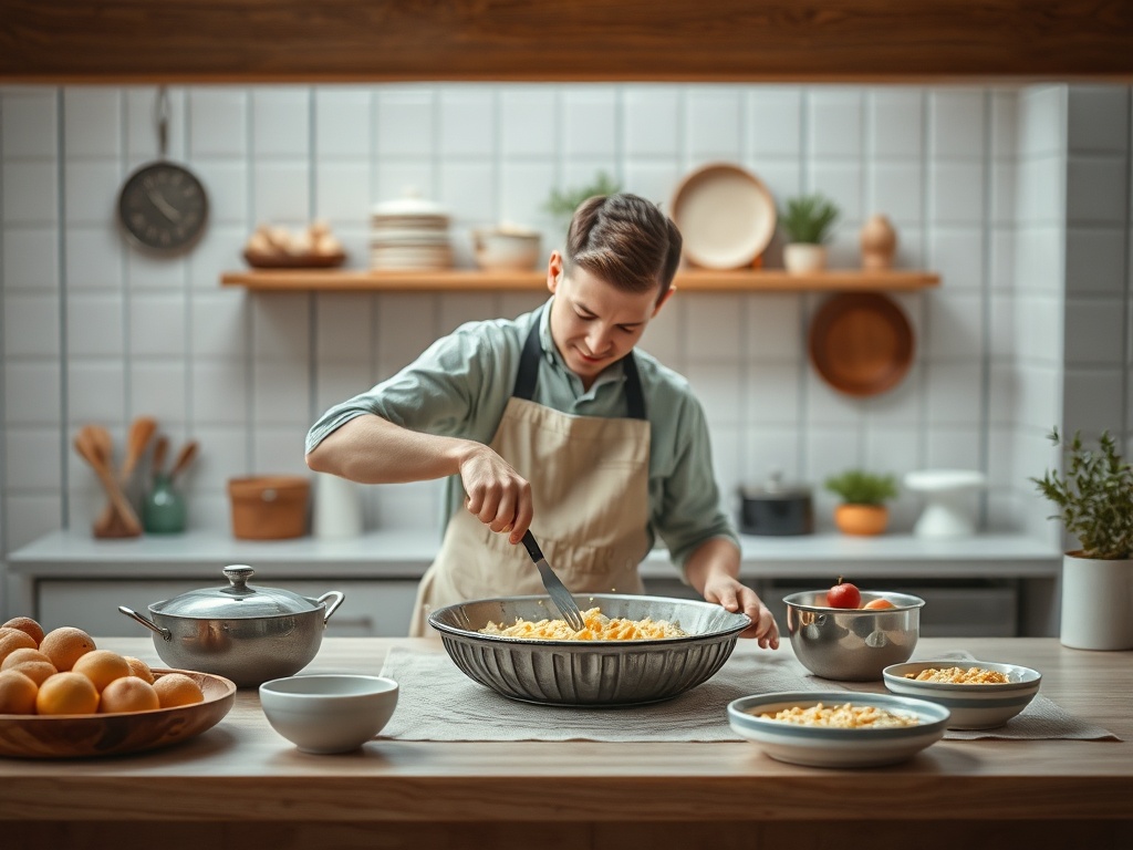Молодой человек готовит еду в уютной кухне, нарезая ингредиенты для блюда. На столе стоят миски с продуктами.