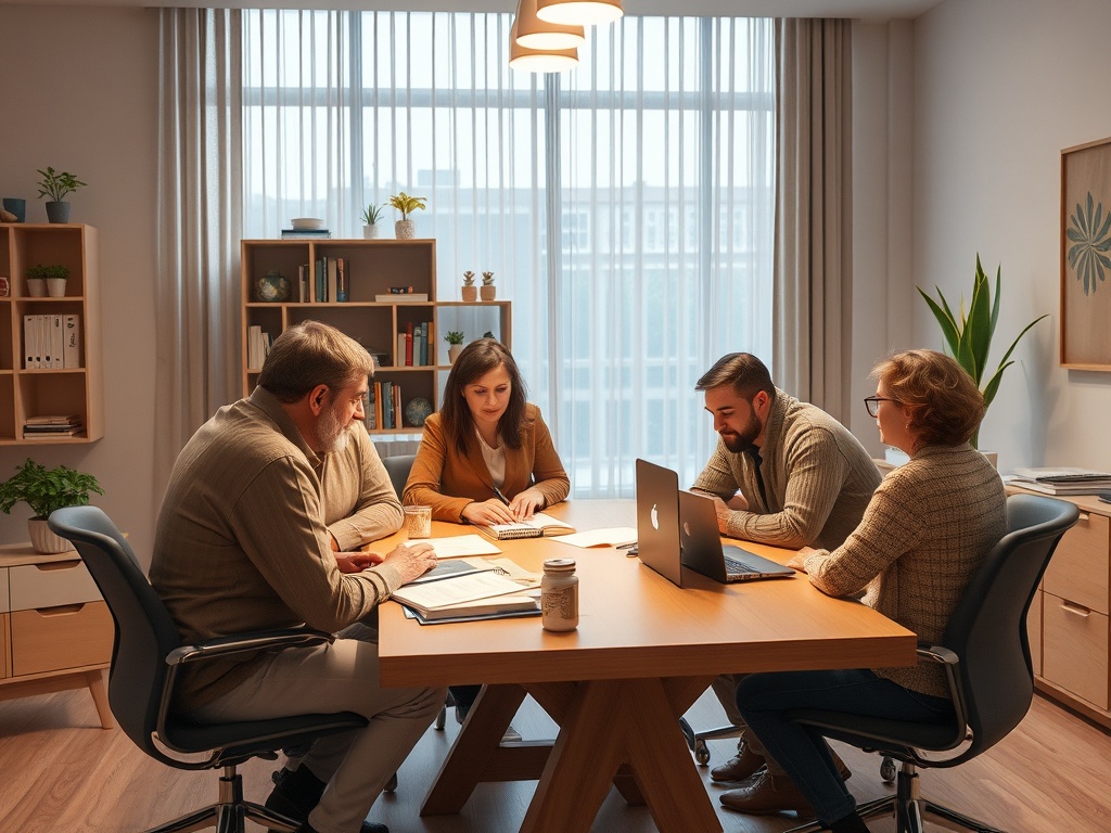 Четыре человека обсуждают идеи за круглым столом в современном офисе, на столе ноутбук и документы.
