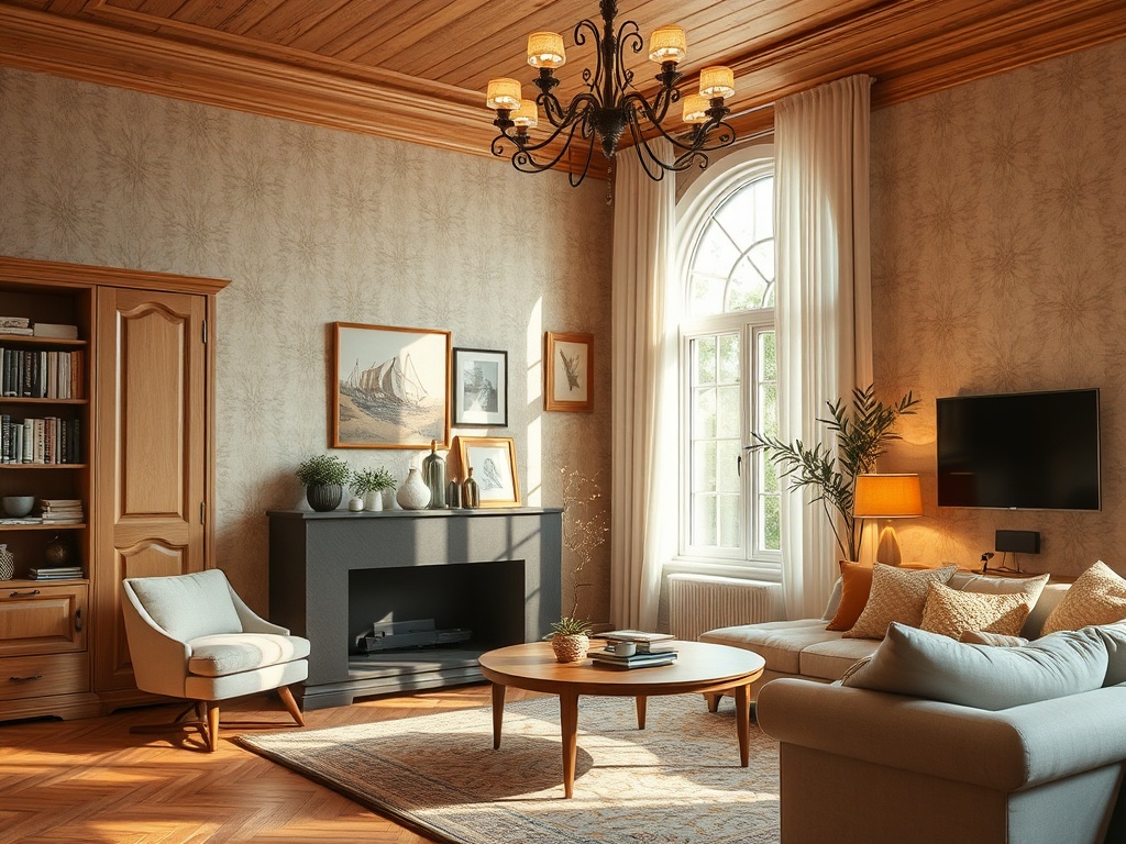 Современный уютный интерьер гостиной с мягкой мебелью, светильниками и элементами декора.