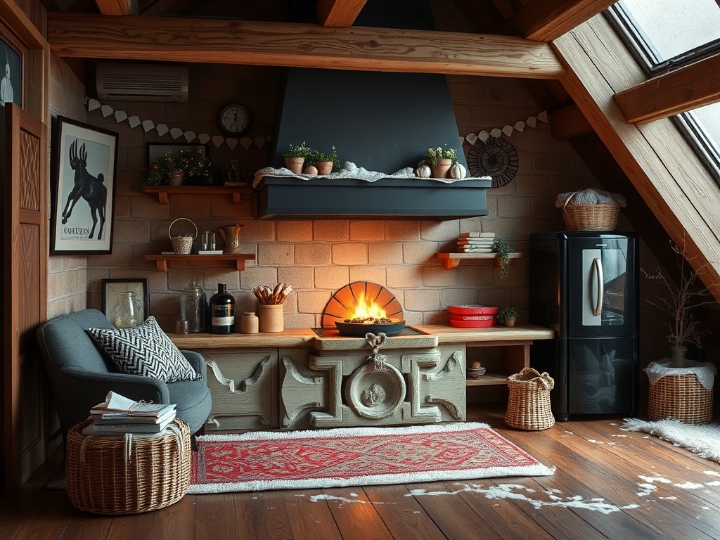 Уютный чердак с камином, мягкой мебелью и деревянными элементами, создающий теплую атмосферу.