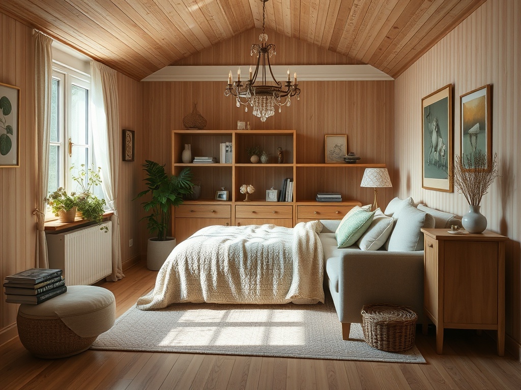 Уютная спальня с деревянными стенами, мягкой мебелью и растениями, освещенная естественным светом.