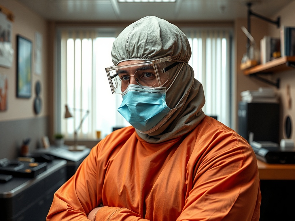 Медицинский работник в защитной одежде и маске стоит в офисе, готовый к работе. За ним видны окна и офисная обстановка.