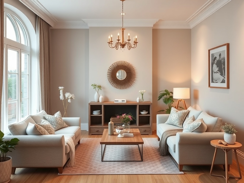 Современная гостиная с уютными диванами, деревянным столом и стильным освещением. Тёплые тона и растения.